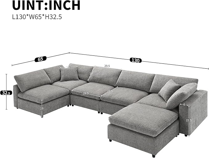 130" Chenille Modular Sofa, Modern 6 Seat Free Combination Cloud Couch Bed Set - Image 2