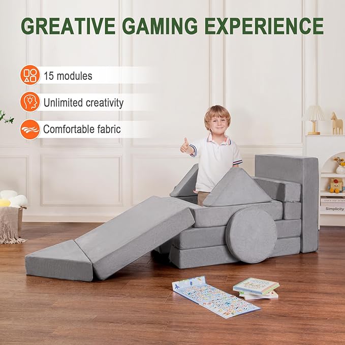 Modular Kids Play Couch 15PCS, Convertible Toddler Floor Sofa Set, Foam Play - Image 7