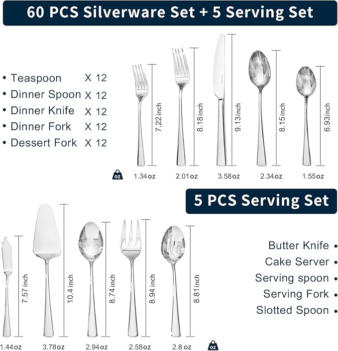 KINGSTONE Silverware Set for 12, 65-Piece Forged 18/10 Stainless Steel Flatware - Image 2