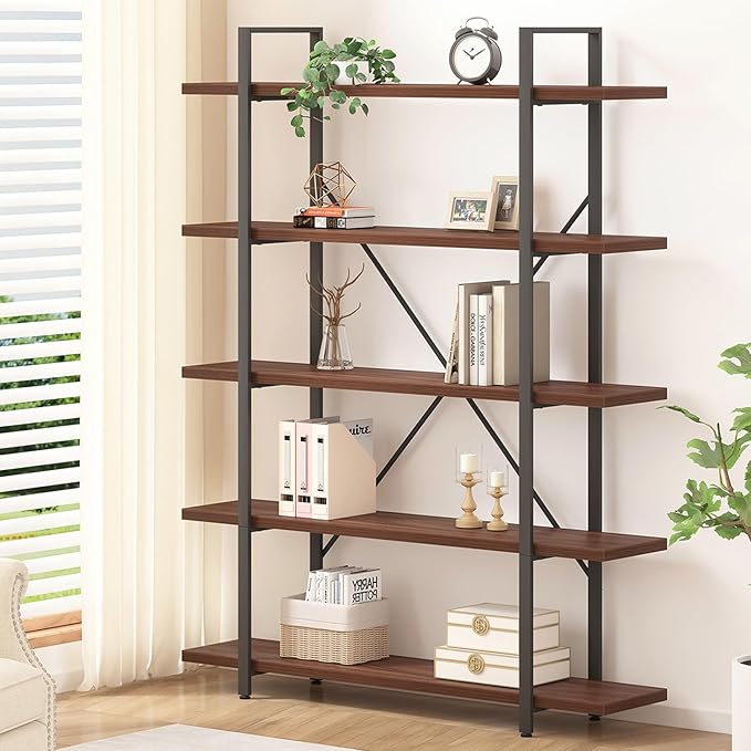 HSH Walnut 5 Tier Bookshelf, Tall Bookcases and Book Shelves 5 Shelf, Large by HOMESWEETHOME