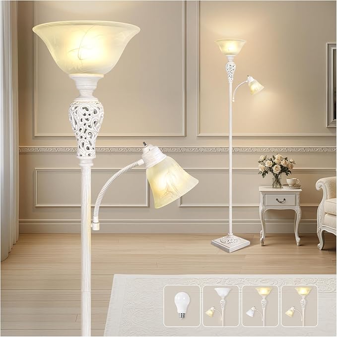 Torchiere Floor Lamp with Adjustable Reading Light, Farmhouse Standing Lamp by LuxSightCollection
