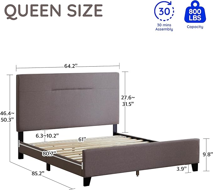 Livinia Amelia Queen Size Platform Bed, Fabric Upholstered Queen Bed Frame - Image 2