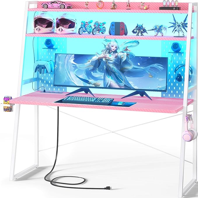 Gaming Desk with Hutch and LED Lights, Gaming Computer Desk with Power Outlets by Besiost