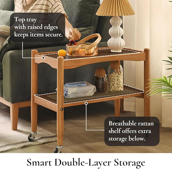 Rattan Side Table with Wheels, Small End Table with Storage, Narrow Wooden Bed - Image 4