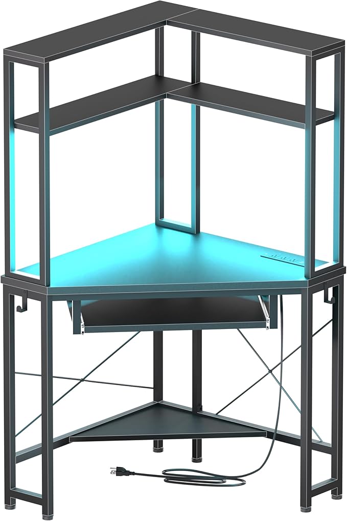 Corner Desk with Hutch and LED Lights, Corner Computer Desk with Keyboard Tray by Uniheim