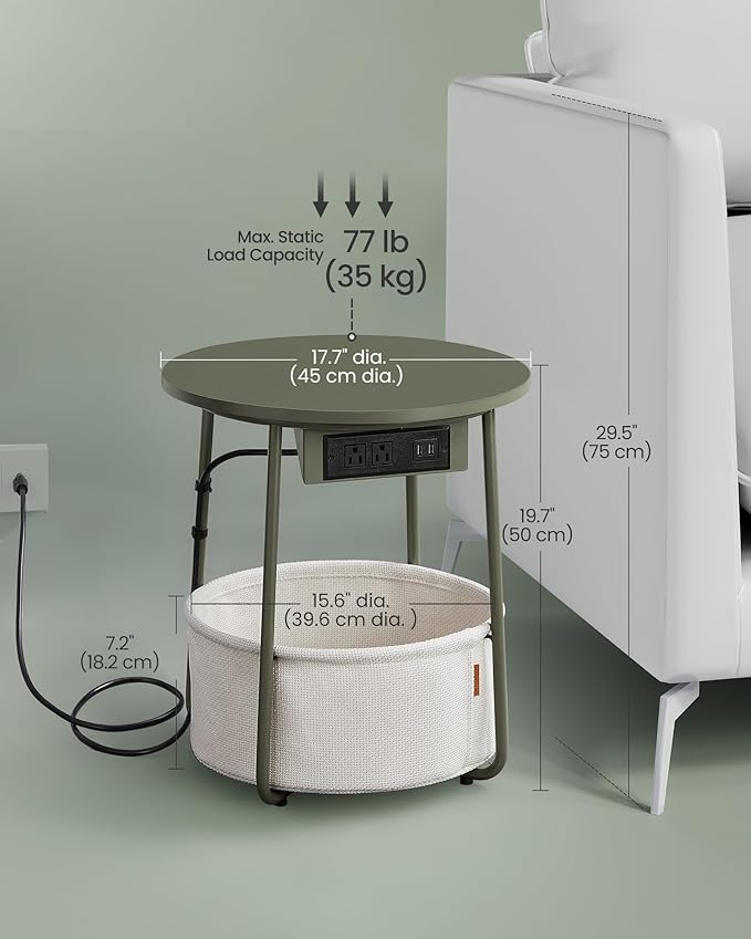 VASAGLE Side Table with Charging Station, Round End Table with Fabric Basket - Image 3