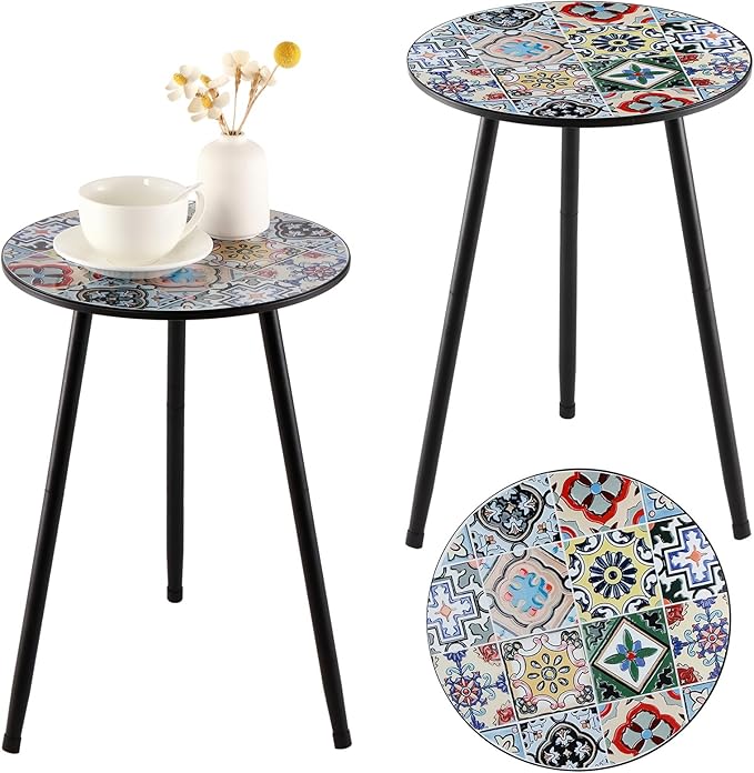 2 Packs Metal Mosaic Round Side Tables 13.4" Small Outdoor Patio Round Accent by Party+Zealot