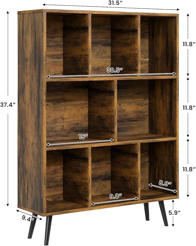 8 Cube Bookshelf 3 Tier Mid-Century Rustic Brown Modern Bookcase - Image 2