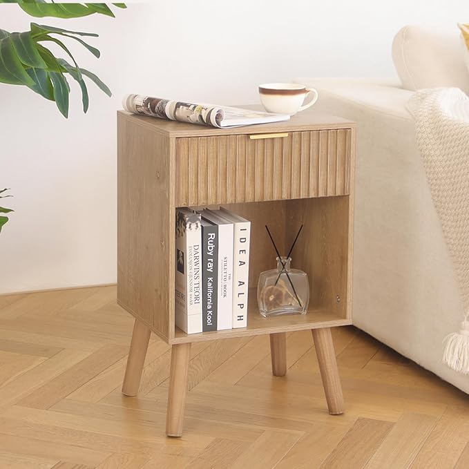 Night Stand with Drawer, Mid Century Nightstand with Storage, Modern Fluted - Image 2