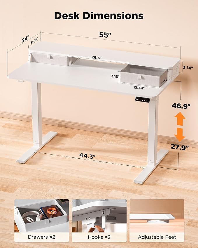 55x24 Inch Standing Desk with Double Drawers, C-Clamp Mount Compatible - Image 3