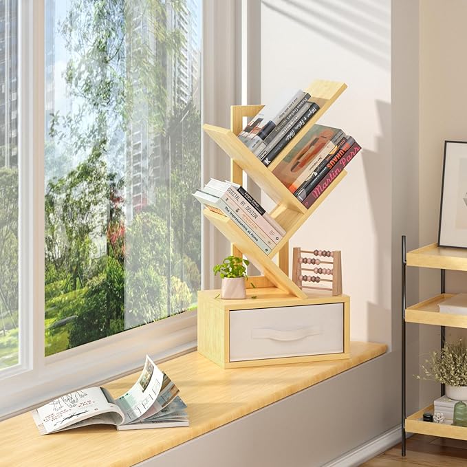 Small Book Shelf with Drawer, 4 Tier Black Tree Bookshelf, Wooden Desktop - Image 5