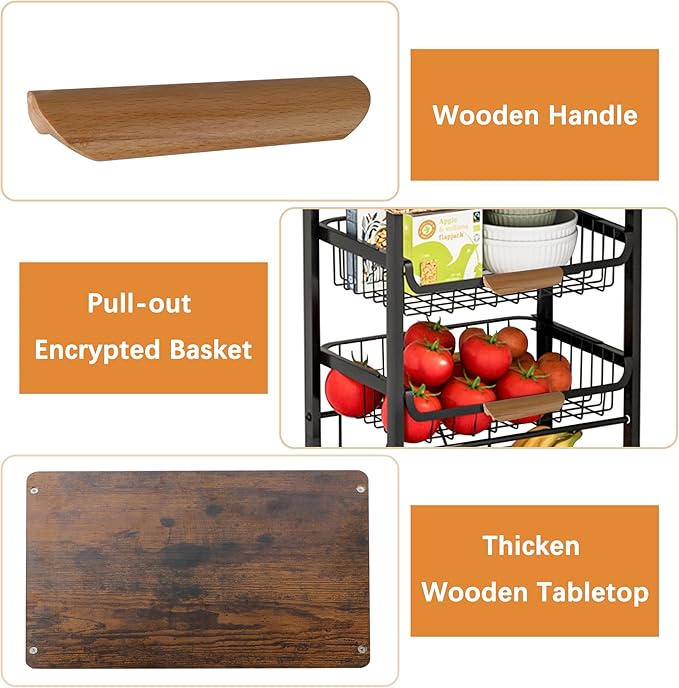 Black 5-Tier Fruit & Veggie Storage Cart on Wheels - Image 2