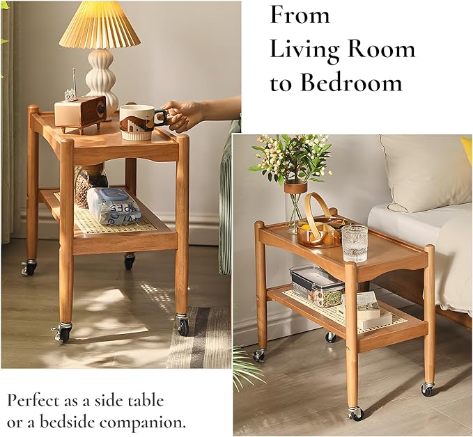Rattan Side Table with Wheels, Small End Table with Storage, Narrow Wooden Bed - Image 7