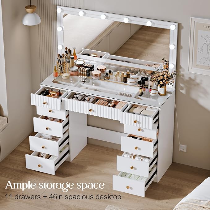 Fluted Makeup Vanity Desk with 46" HD Lighted Mirror, Big Modern Vanity Desk - Image 2