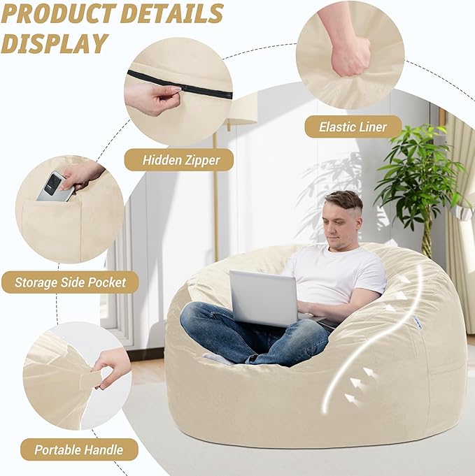 3FT Bean Bag Chair with Ultra Soft Velvet Cover Bean Bag Sofa with Memory Foam - Image 4