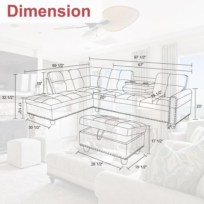 LeatherL Shaped Couch with Ottoman, Modern Nail-Head Design Comfy Sectional - Image 2