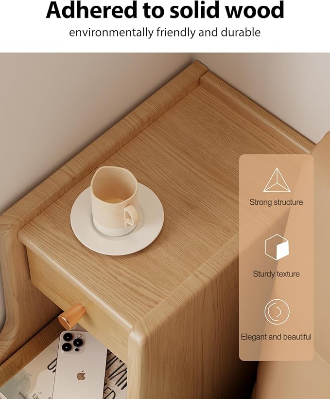 Narrow Nightstand with 3 Drawers, Solid Wood Small Nightstand Natural, Modern - Image 4