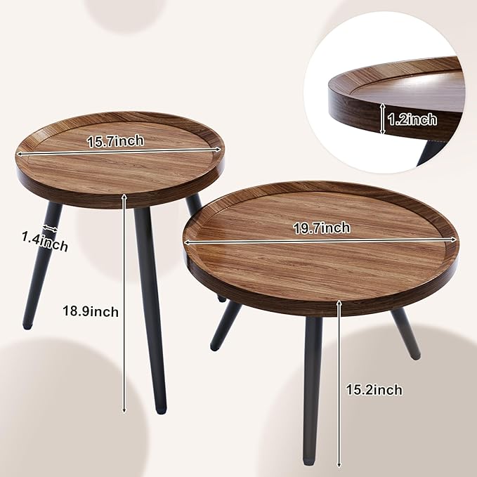 Small Round Coffee Table Set of 2, Walnut Coffee Tables - Image 2