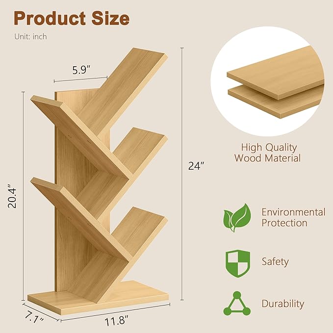 Hoctieon 4 Tier Tree Bookshelf, 4 Shelf Bookcase, Free Standing Tree Bookcase - Image 3