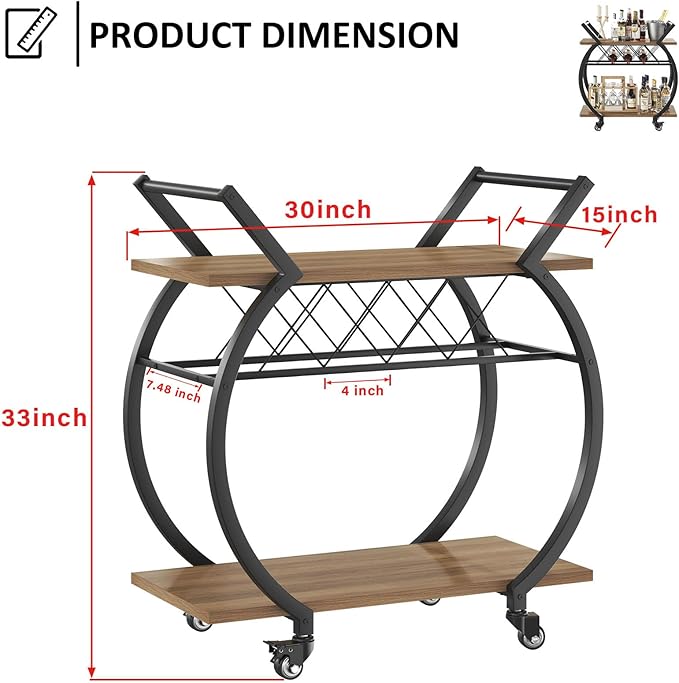 LVB Bar Cart with Wine Rack, 2 Tier Kitchen Cart on Wheels, Modern Wood and - Image 2