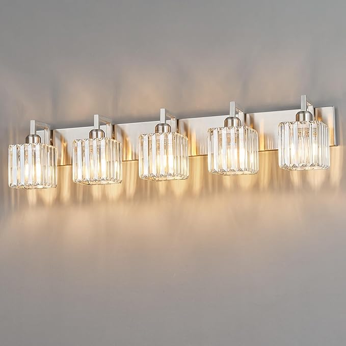 Modern Bathroom Vanity Light 5-Lights Brushed Nickel Vanity Light Crystal Wall by FDPBY