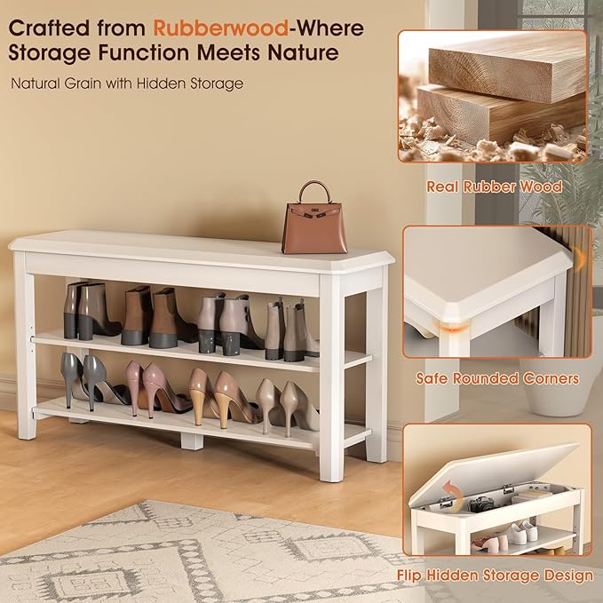 Shoe Rack Bench Seat Rubberwood 2-Tier Wooden Storage Bench 550lbs Compact - Image 6