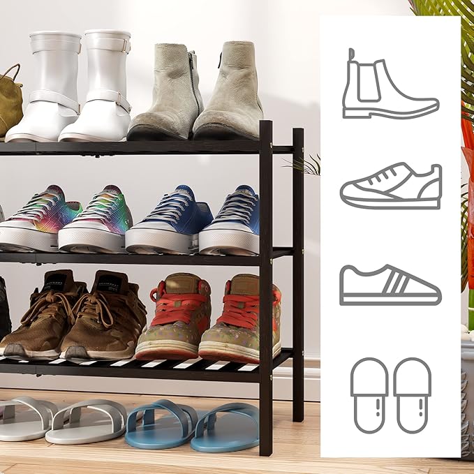 3-Tier Black Bamboo Shoe Rack for Entryway, Stackable | Foldable | Natural - Image 3