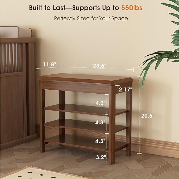 Shoe Rack Bench Seat Rubberwood 3-Tier Wooden Storage Bench 550lbs Compact - Image 2
