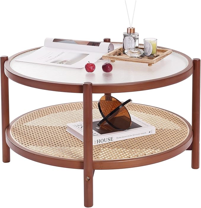 Tiita Rattan Nightstand Side Table, Bamboo Accent Bedside Tables, Glass Coffee by TiitaHome