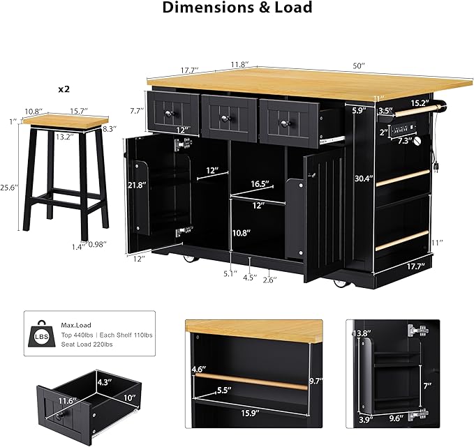53" Large Kitchen Island with 2 Bar Stools, Power Outlet & Door Internal - Image 2