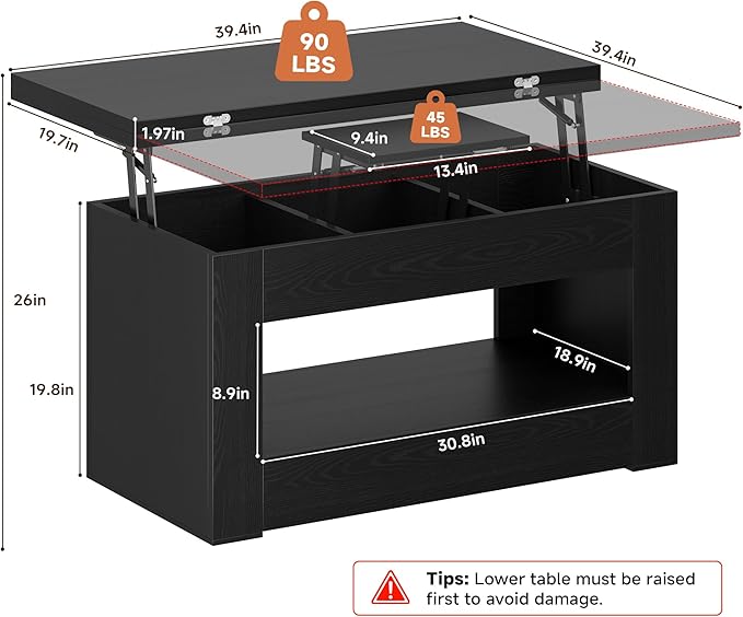 40" Lift Top Coffee Table, 4 in 1 Multi-Function Lift Coffee Tables - Image 2
