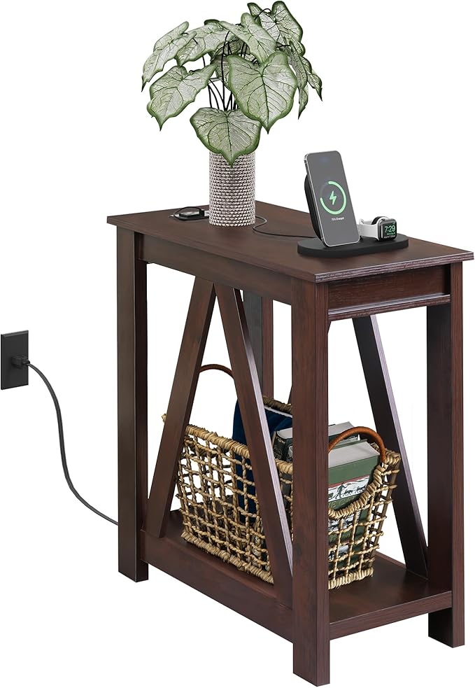 WLIVE Narrow End Table with Charging Station of Open Storage Shelf，Sofa Side by WLIVE