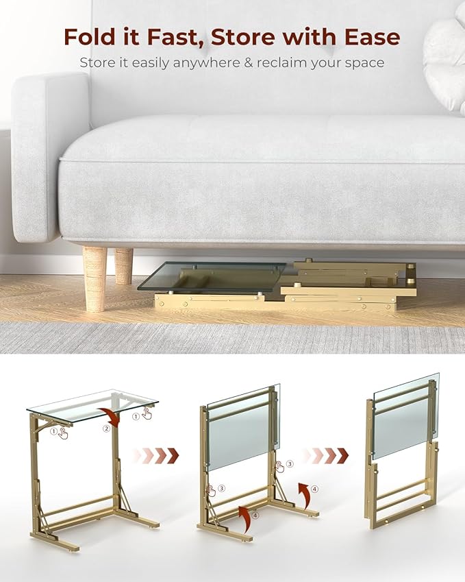 Tatub 24" Folding TV Tray Table Set of 2, Glass C Shaped End Table - Image 6