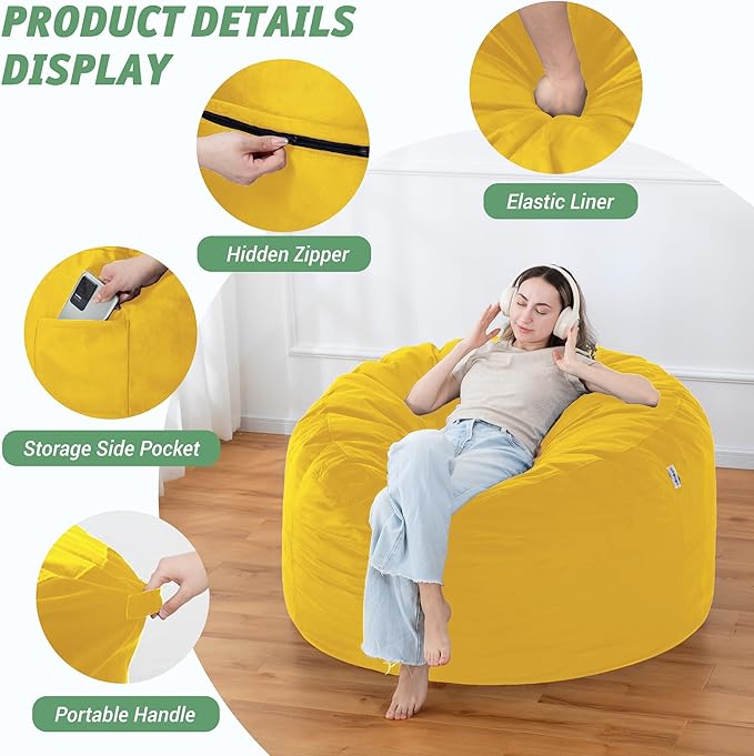 4FT Bean Bag Chair with Ultra Soft Velvet Cover Bean Bag Sofa with Memory Foam - Image 4