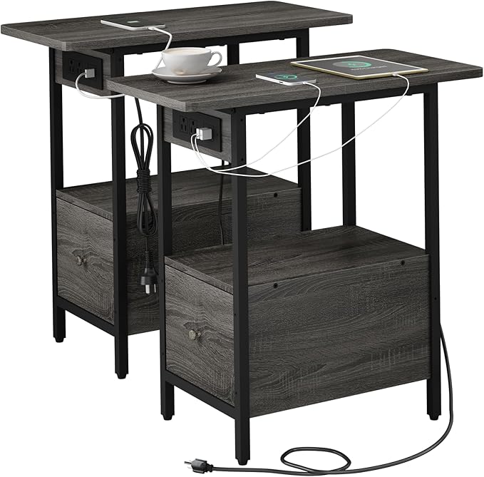 LIDYUK End Table with Charging Station, Narrow Side Table with Drawer and USB by LIDYUK