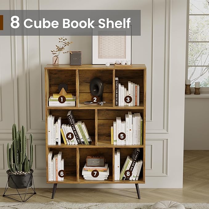 Bookshelf, 3-Tier 8 Cube Open Wooden Book Shelf - Image 4