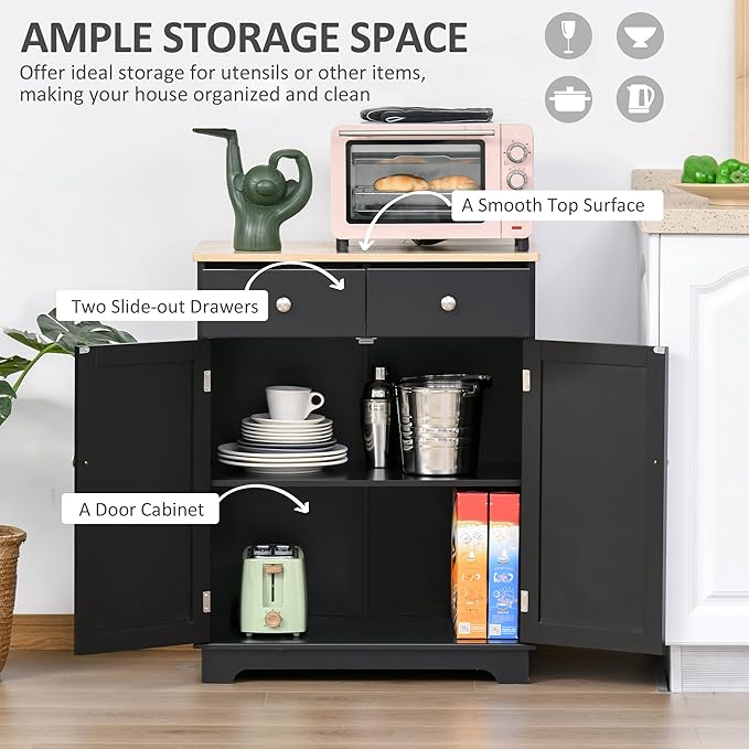 HOMCOM Sideboard with Solid Wood Countertop, Modern Kitchen Storage Cabinet - Image 4