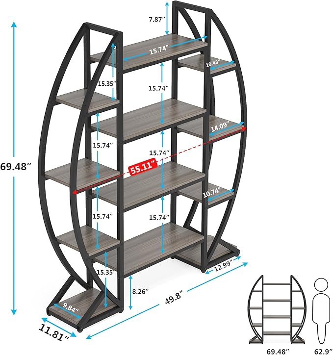 Tribesigns Oval Bookshelf, Triple Wide 5 Tier Etagere Bookcases, Industrial - Image 2