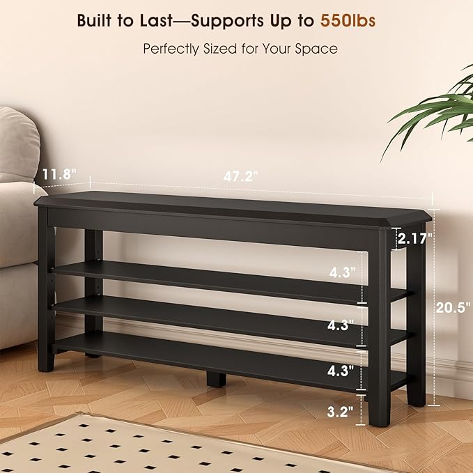 Shoe Rack Bench Seat Rubberwood 3-Tier Wooden Storage Bench 550lbs Compact - Image 2