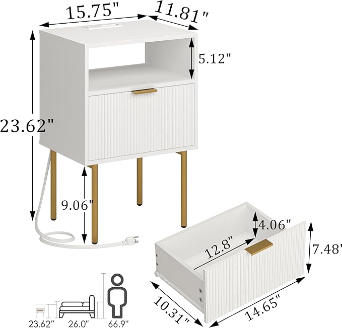 Modern Nightstand with Charging Station and LED Lights, Fluted Side Table - Image 2