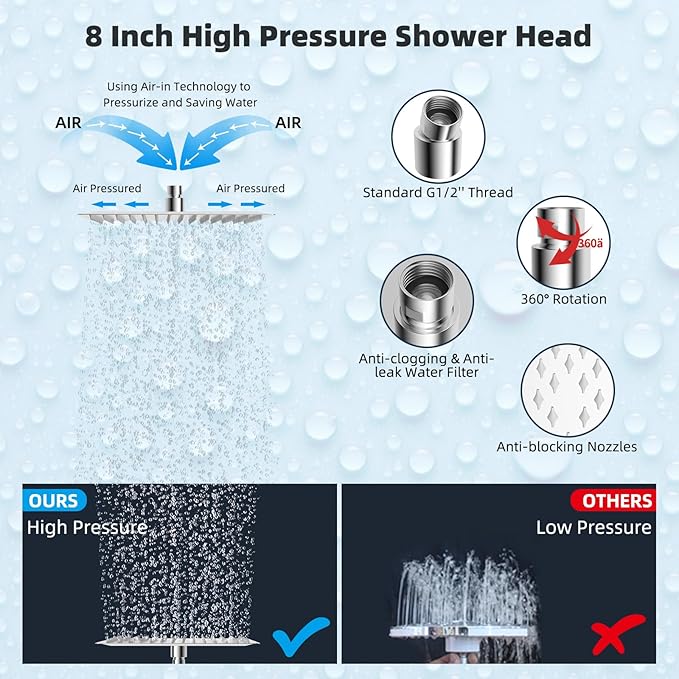 Hibbent All Metal 8'' Rainfall Shower Head, Square Shower Head Combo, High - Image 5