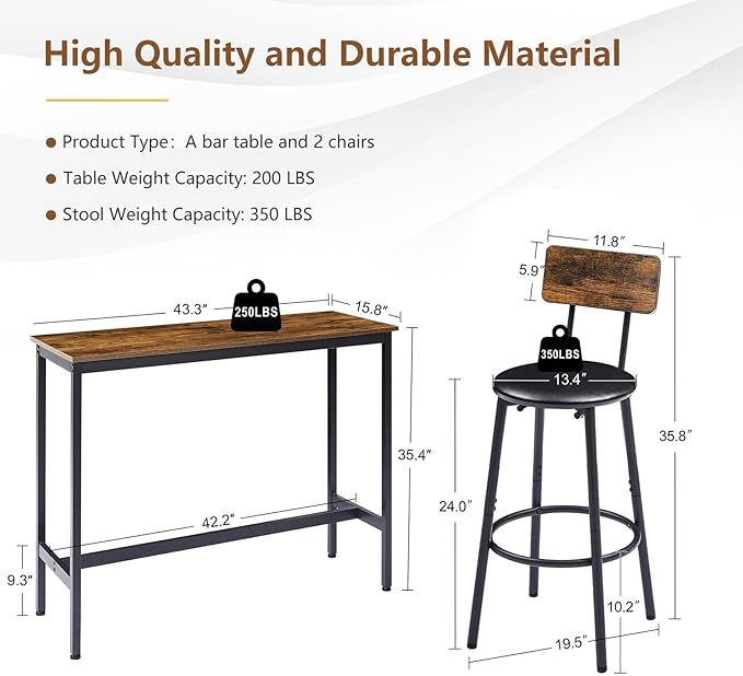 Tatub Bar Table with Stools Set of 2, Industrial 3 Piece Counter Height Small - Image 7