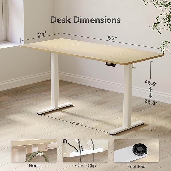 Claiks Electric Standing Desk, Adjustable Height Stand up Desk, 63x24 Inches - Image 3