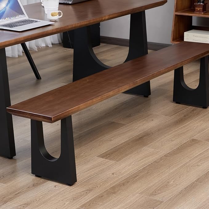 Walnut Color Long Bench Solid Wood Top Metal Legs U-Shaped Design Durable - Image 7
