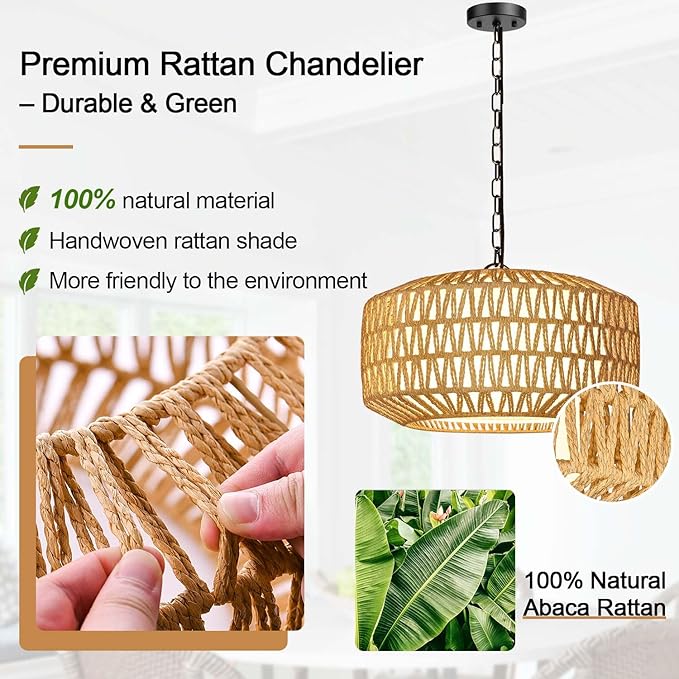 Farmhouse Chandelier Light Fixture, 5-Light Rattan Boho Chandeliers - Image 4