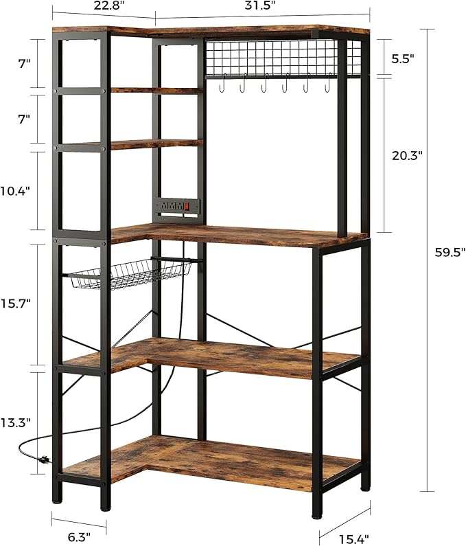 IRONCK Bakers Rack with Power Outlet, 5-Tier Corner Microwave Stand with Storage - Image 3