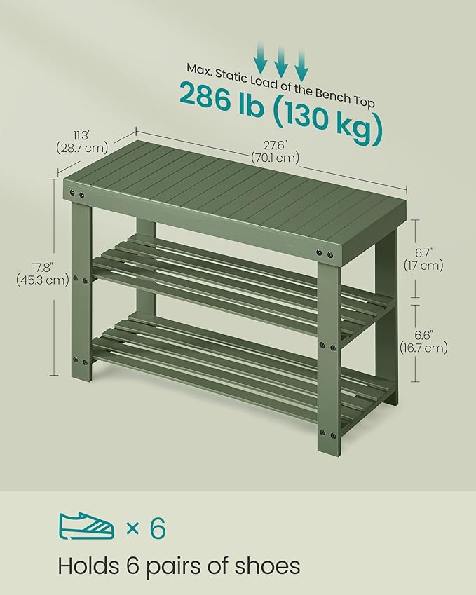 SONGMICS Shoe Rack Bench, 3-Tier Bamboo Shoe Storage Organizer, Entryway Bench - Image 2