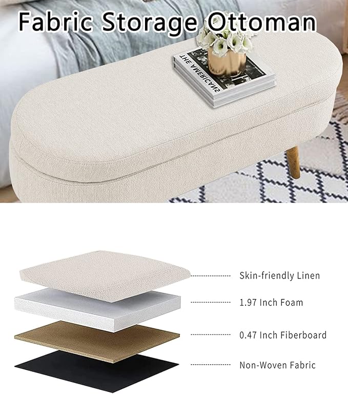 Oval Storage Bench 43.5" Linen Fabric Upholstered Entryway Bench - Image 3