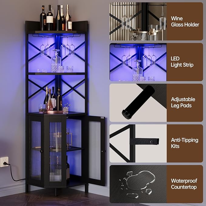 Corner Bar Cabinet with Power Outlet, 5-Tier Corner Wine Cabinet with Led Strip - Image 5