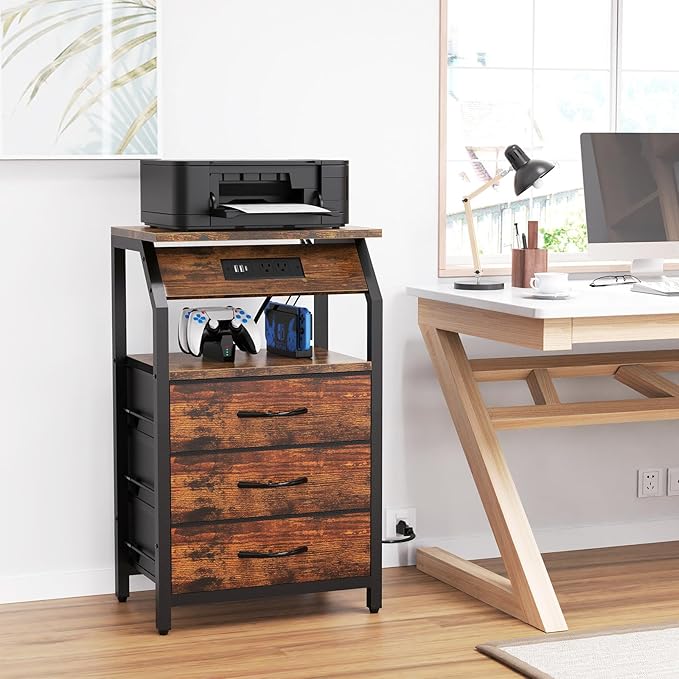 End Table with Charging Station, Nightstand with LED Lights and 3 Drawers - Image 8